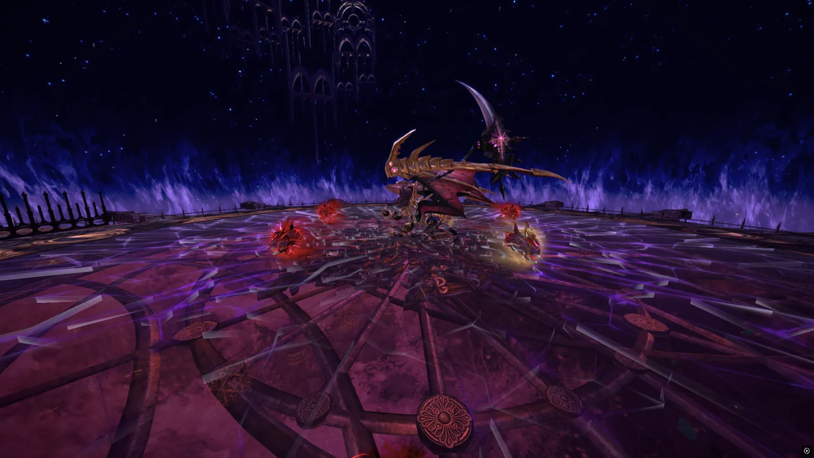 The Ruinous Manor boss arena, a dark purple floor under a starry sky