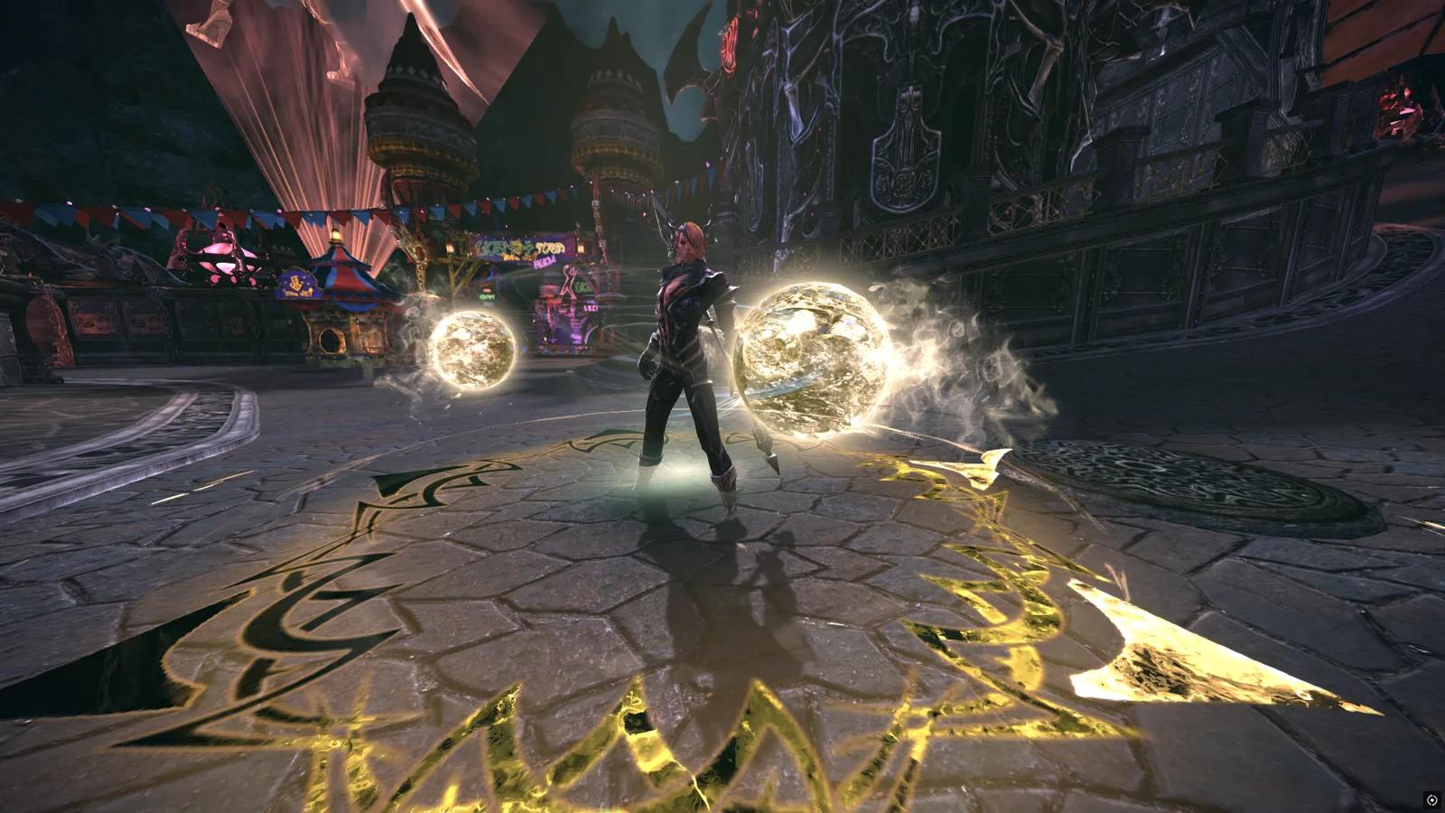 A male Castanic Valkyrie between two glowing orbs on a lantern-lit plaza