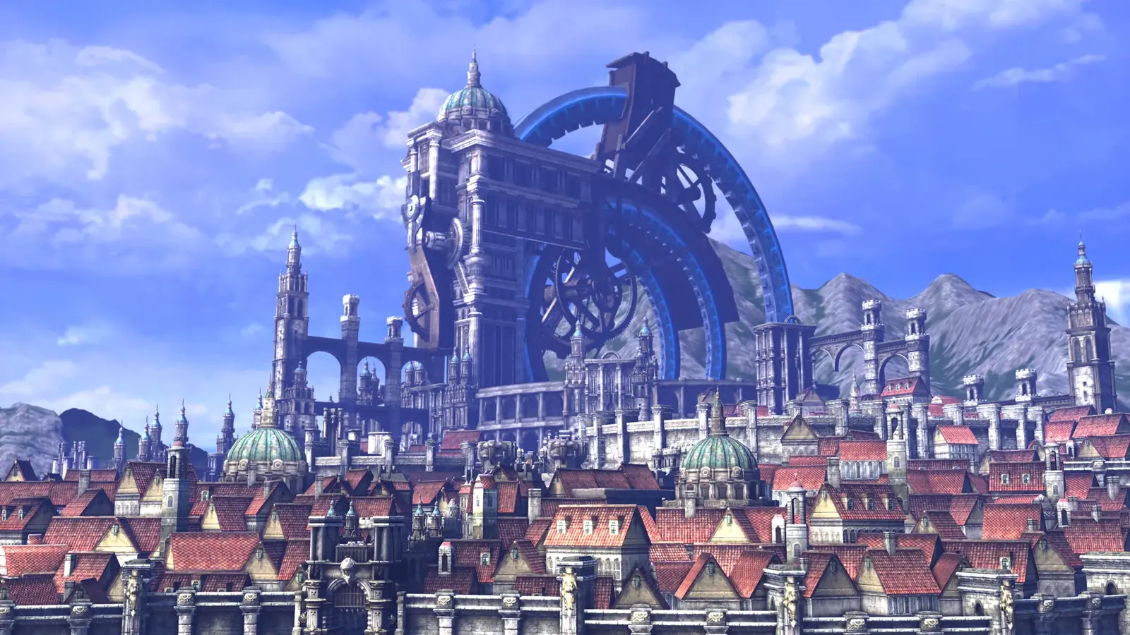 A city of spires and red roofs under a bright sky